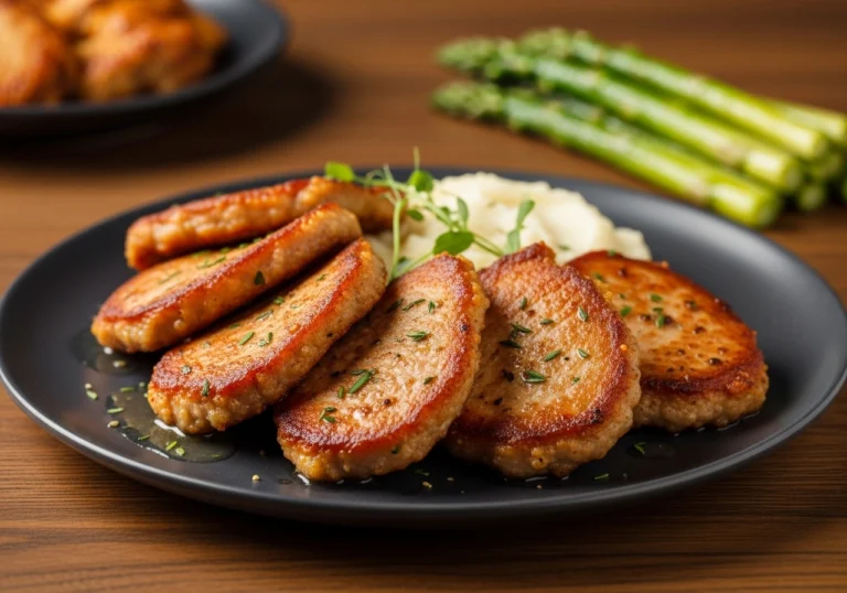 Golden-brown pan-fried pork cutlets served on a charcoal plate with mashed potatoes and asparagus.