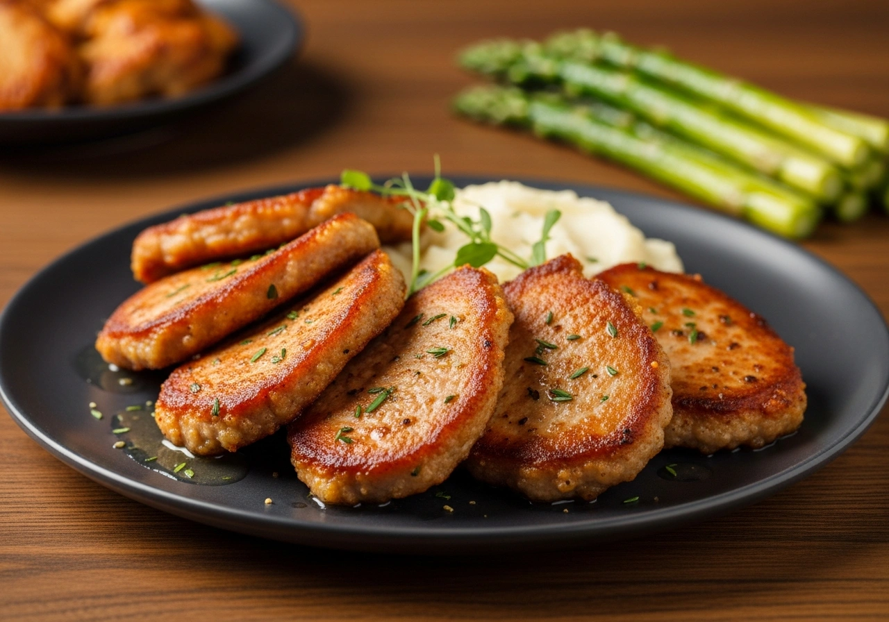 Golden-brown pan-fried pork cutlets served on a charcoal plate with mashed potatoes and asparagus.