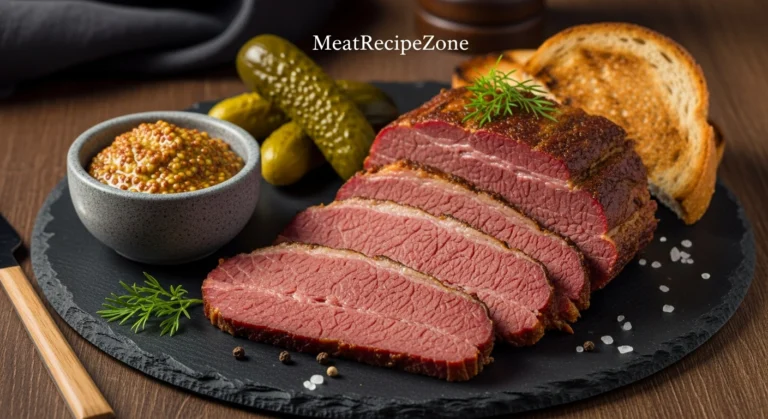 A mouthwatering spread of juicy, tender smoked corned beef paired with tangy mustard and dill spears.
