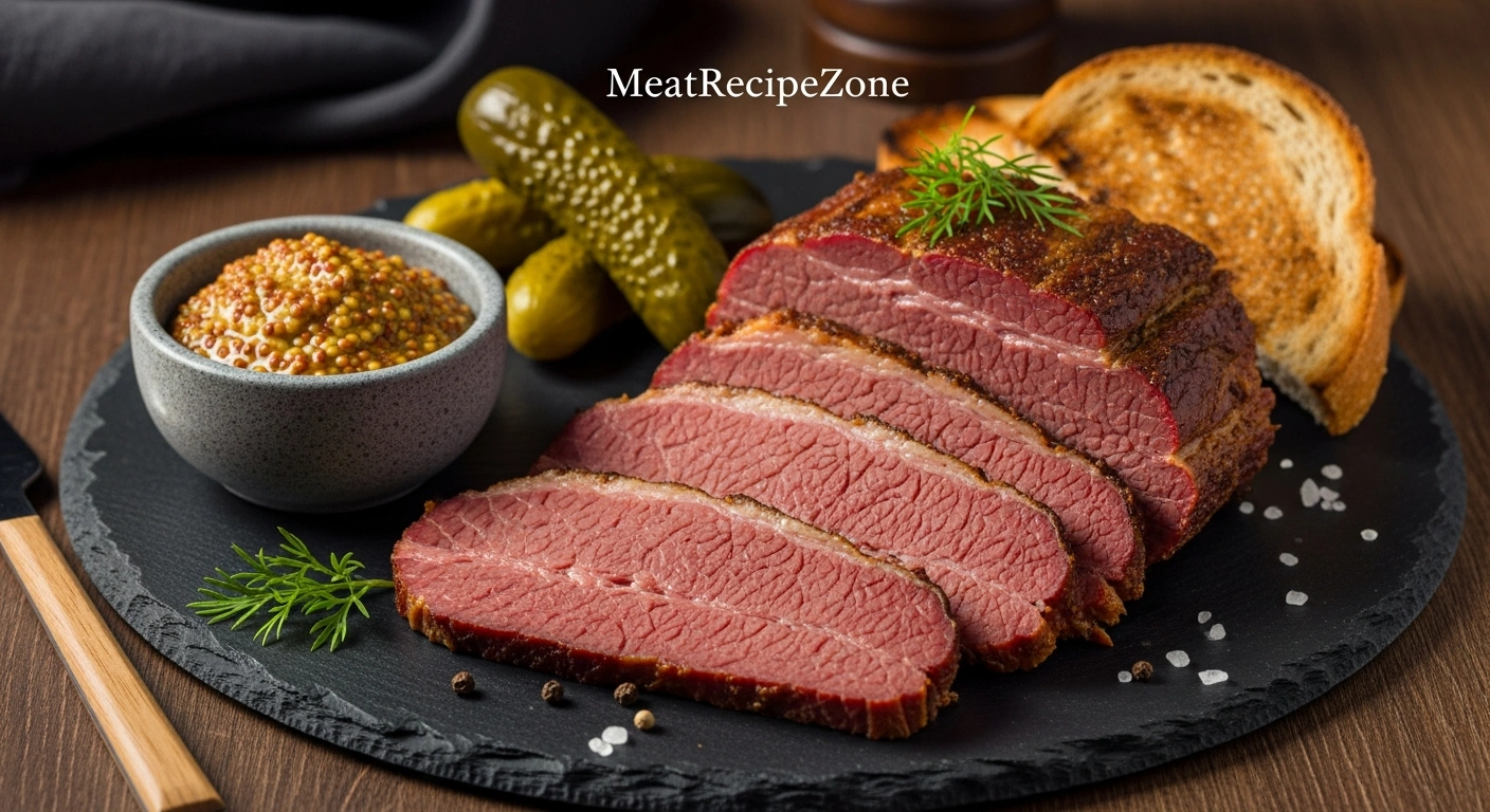 A mouthwatering spread of juicy, tender smoked corned beef paired with tangy mustard and dill spears.