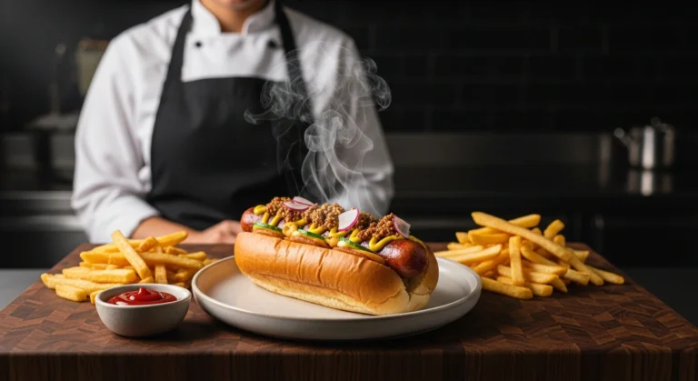 How Long to Boil Hot Dogs platter with fries and toppings.