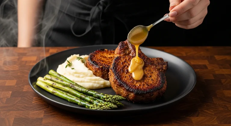 A cinematic close-up of golden-brown [air fryer pork chop recipes] with a crispy caramelized crust, served on a minimalist plate with creamy sides.
