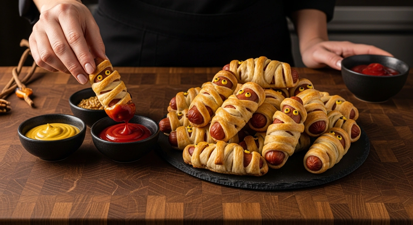 Mummy hot dogs wrapped in crescent dough with mustard eyes on a Halloween plate