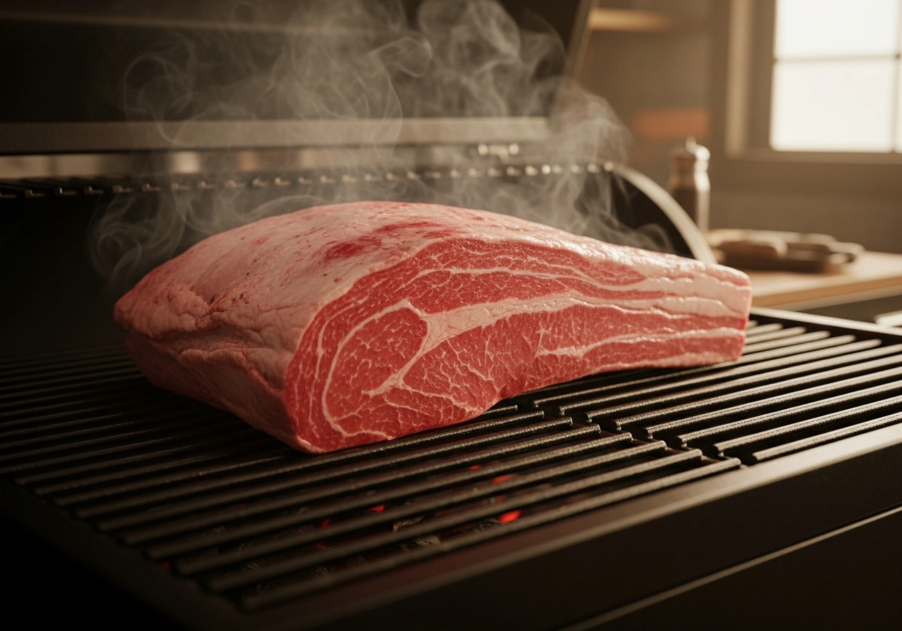 Corned beef flat placed fat-side up on a pellet grill grate with cherry wood smoke