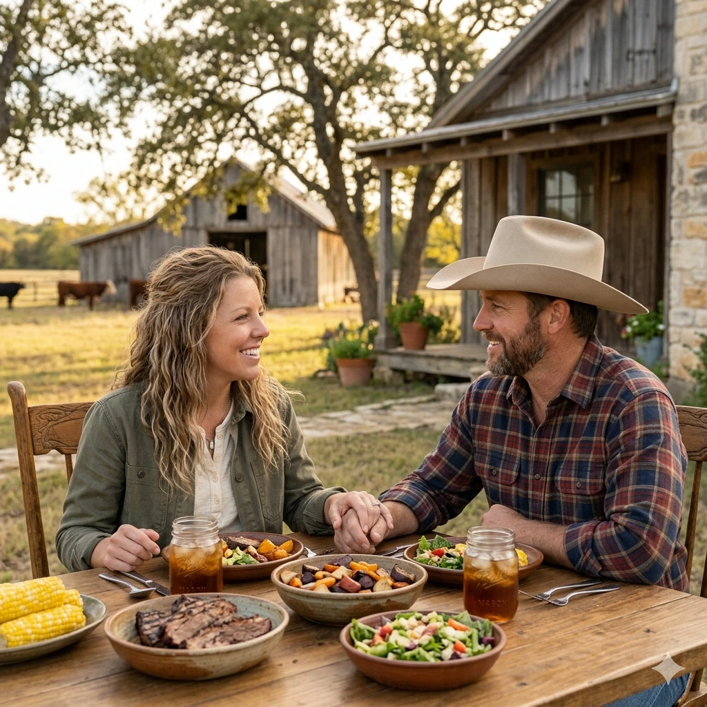 Julia and her husband Travis dining outdoors