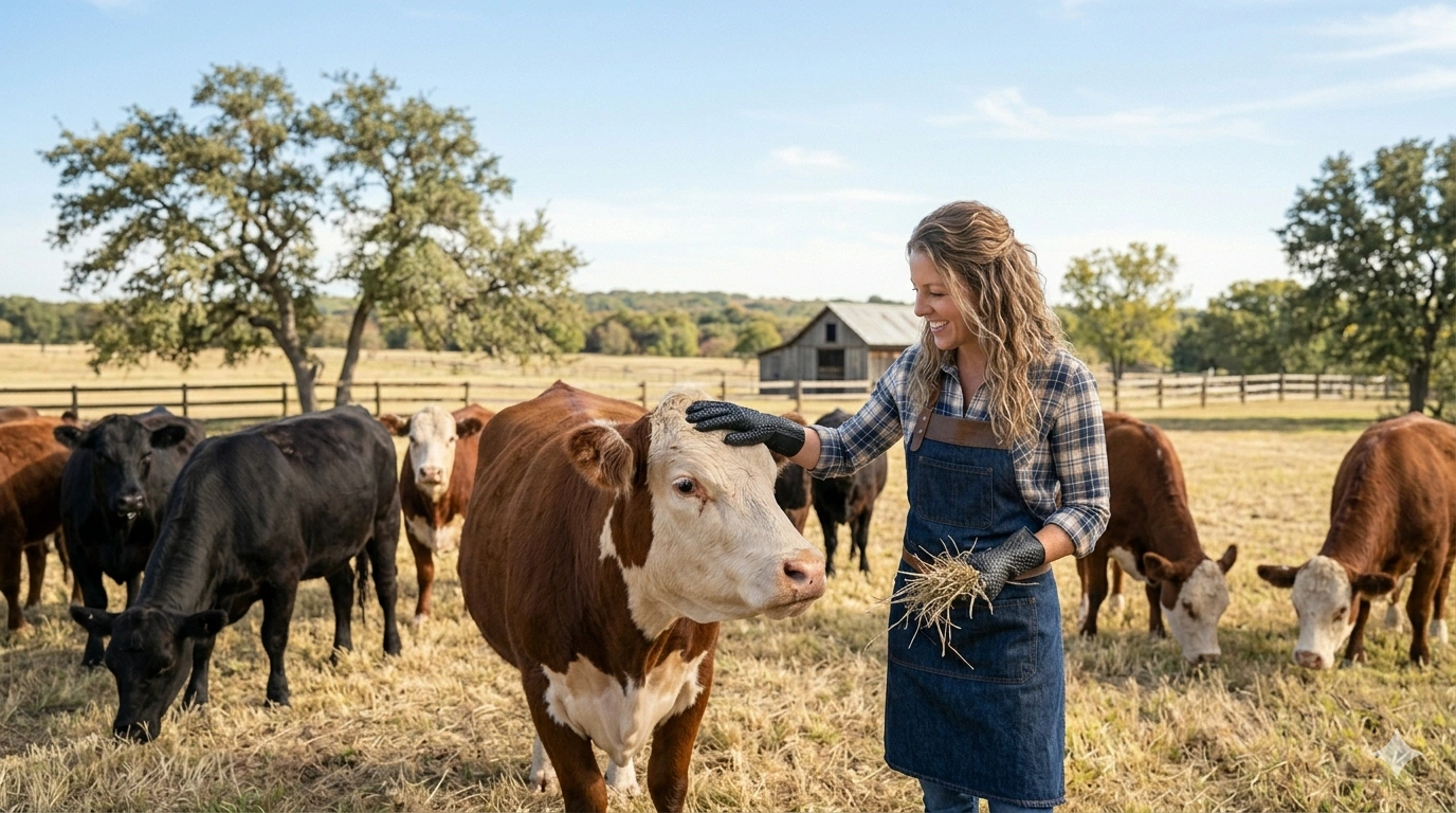 Julia petting a brown cow in the pasture