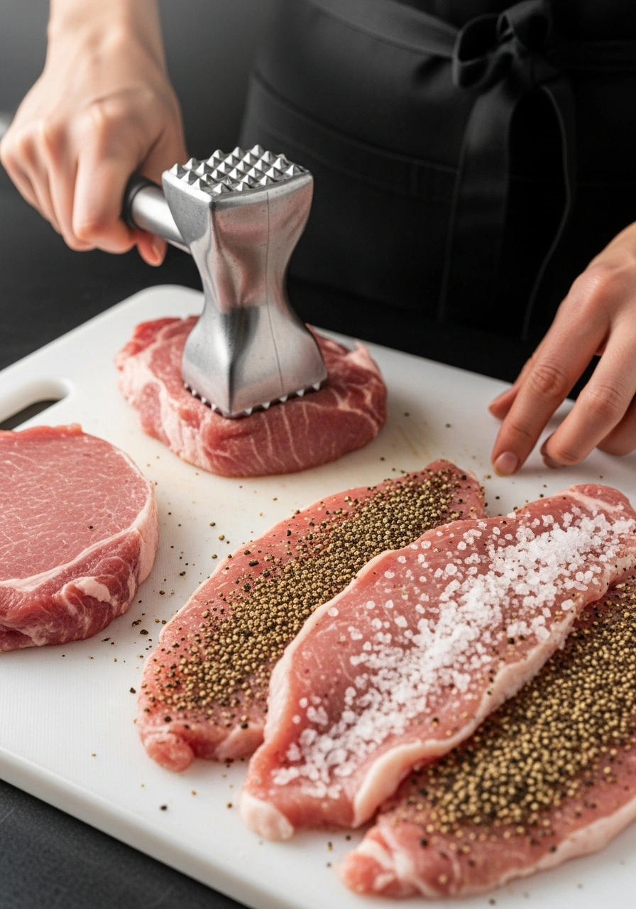 Pork cutlets pounded thin and ready for seasoning