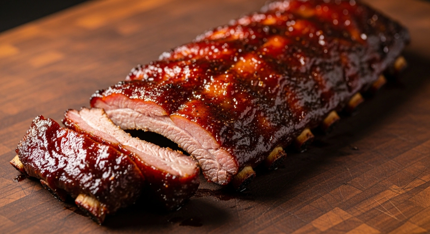 perfectly glazed st louis ribs in oven sliced and ready to serve