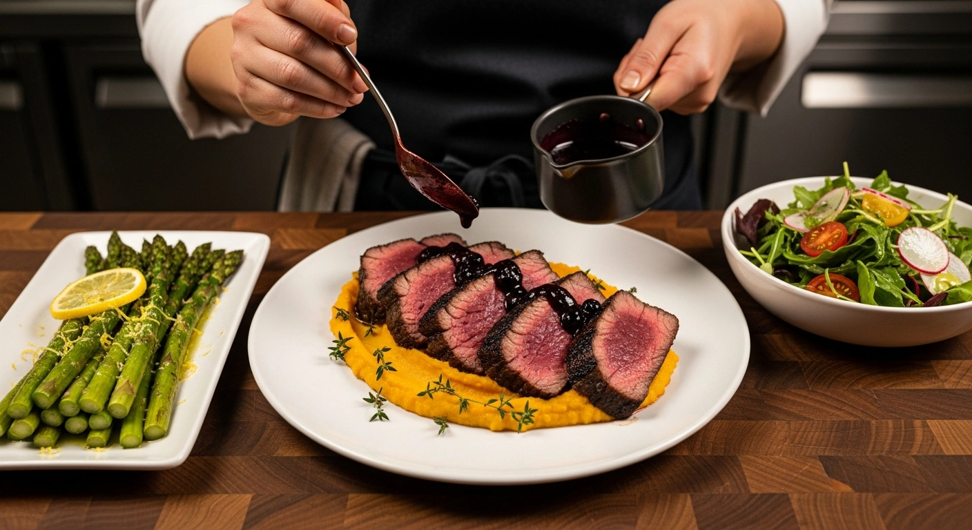 A close-up of a medium-rare emu steak feast with creamy sweet potatoes, asparagus, and a berry glaze.