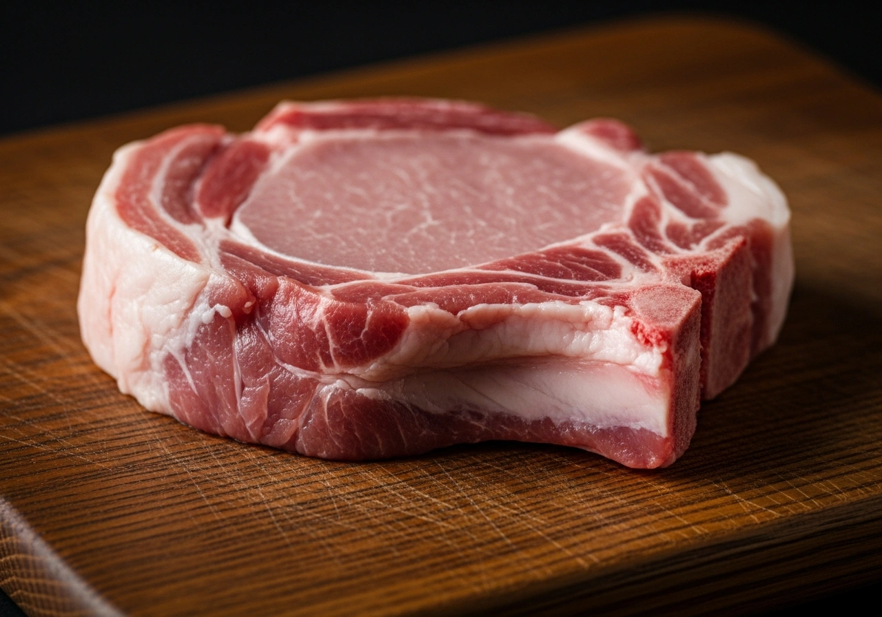 Raw pork chop showing the thicker shape used for chops or cutlets