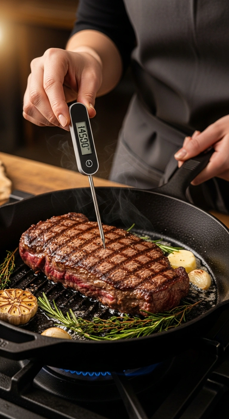Step 4: Checking internal temperature of frozen steak with thermometer