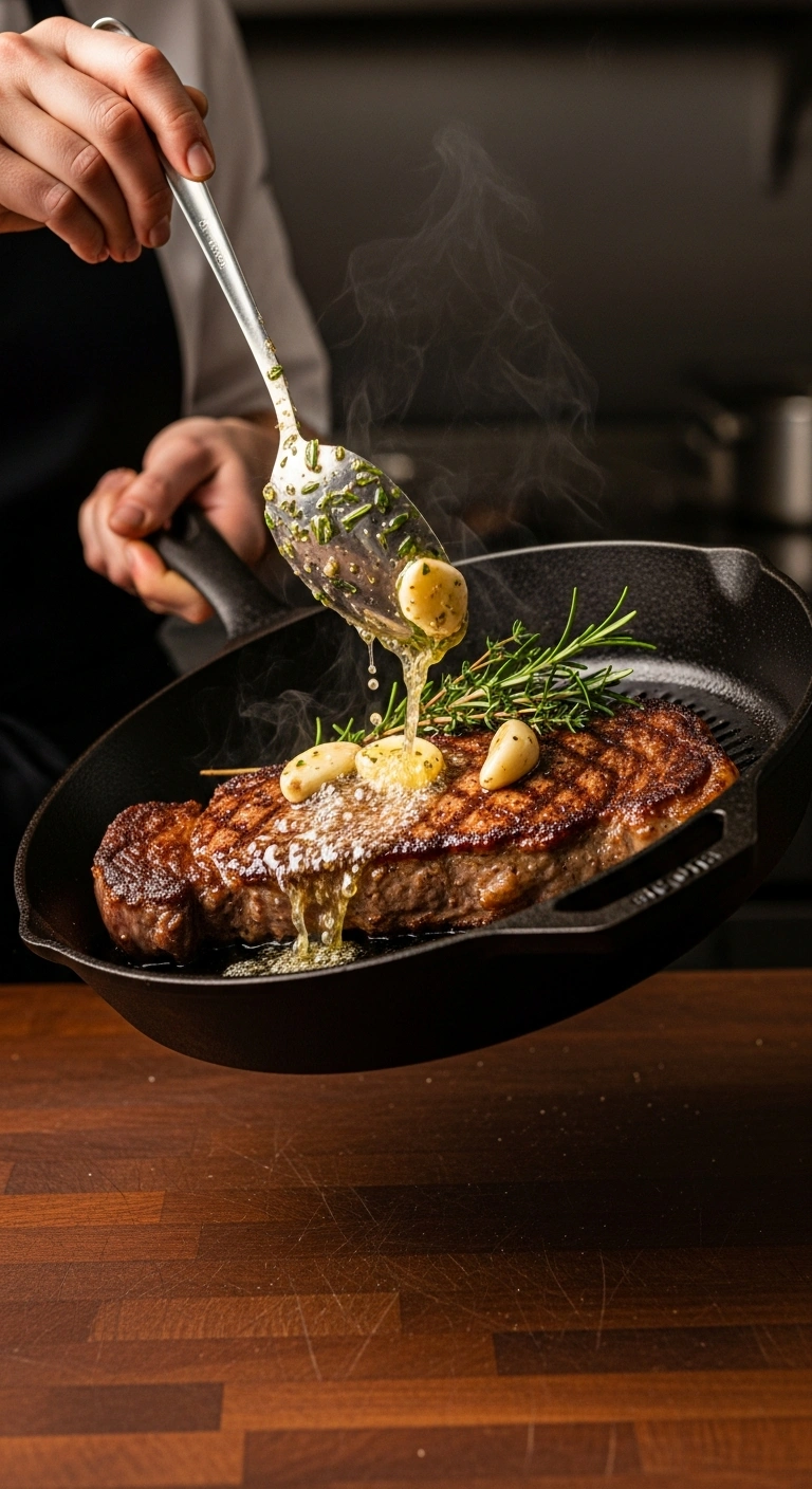 Step 3: Basting frozen steak with butter over medium-low heat