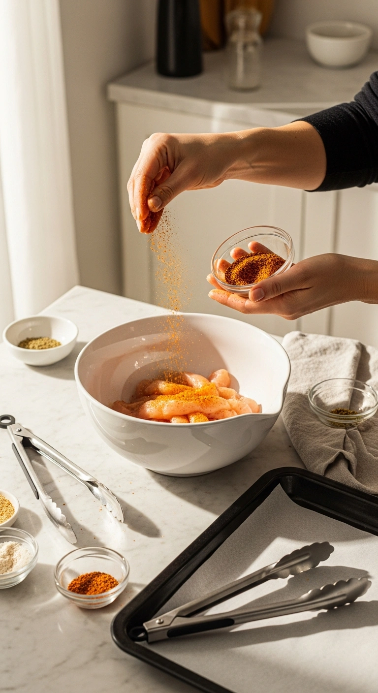 Chicken strips in a bowl with shawarma spices being added