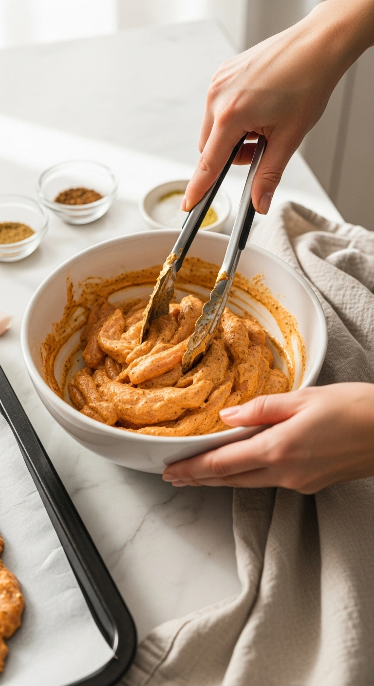 Marinated chicken being mixed in a bowl with tongs