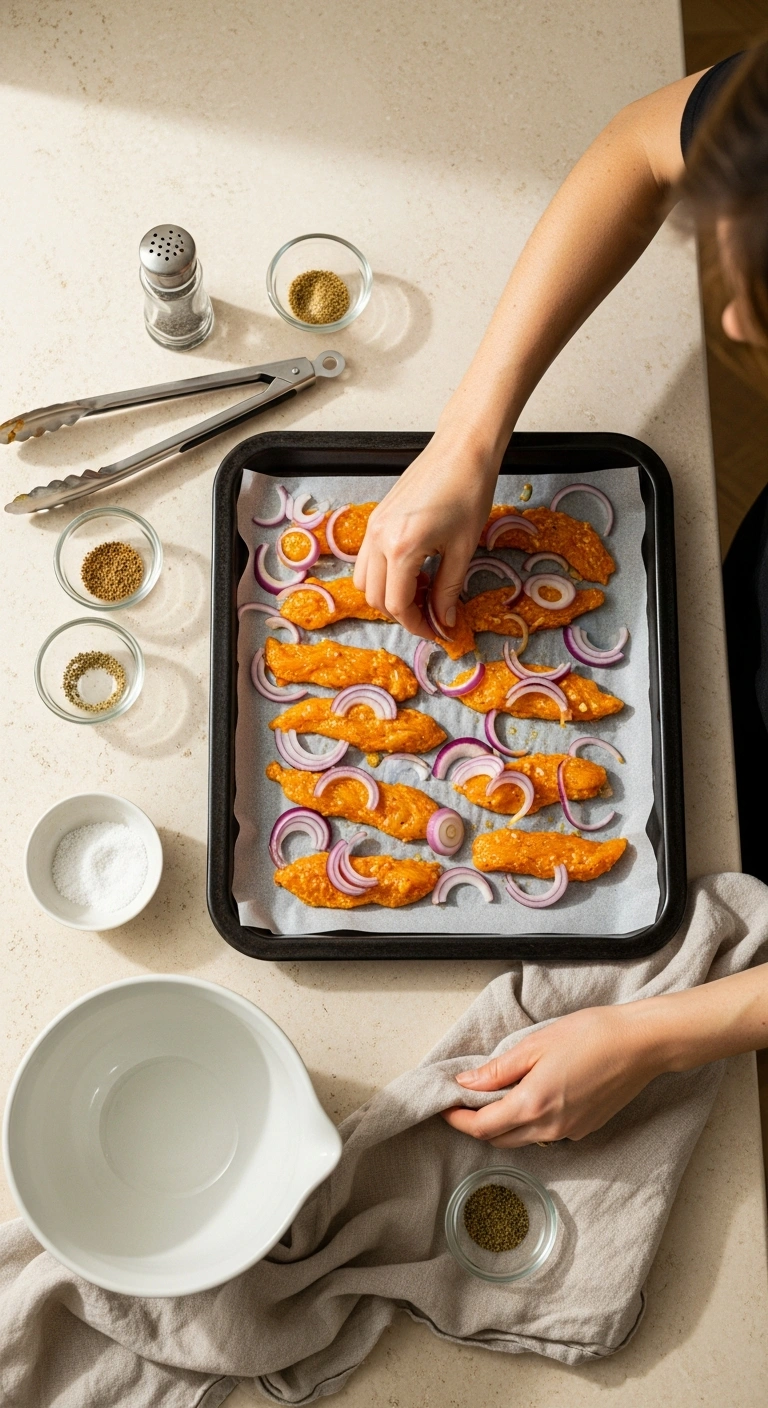 Marinated chicken and onions arranged on a baking tray