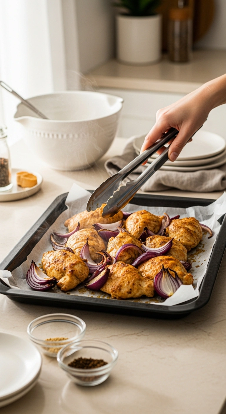 Cooked chicken shawarma and onions on a baking tray