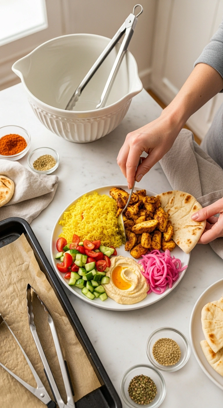 Chicken shawarma platter being assembled with couscous, salad, and pita