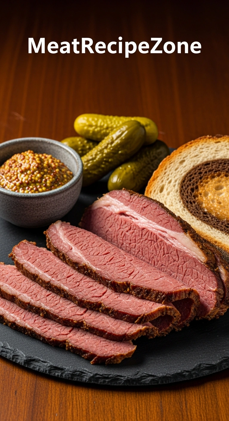 Sliced smoked corned beef served on a wooden board with mustard and pickles