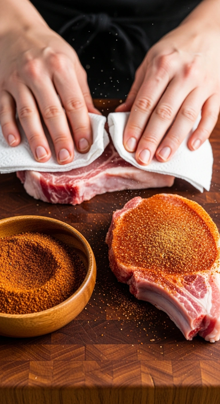 patting boneless pork chops dry and applying brown sugar paprika rub on both sides