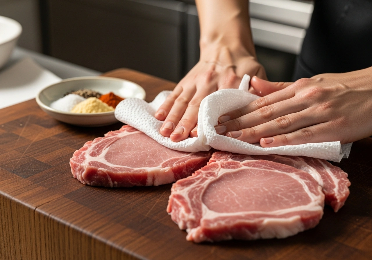 patting thin cut pork chops dry with paper towels and seasoning with salt pepper and paprika