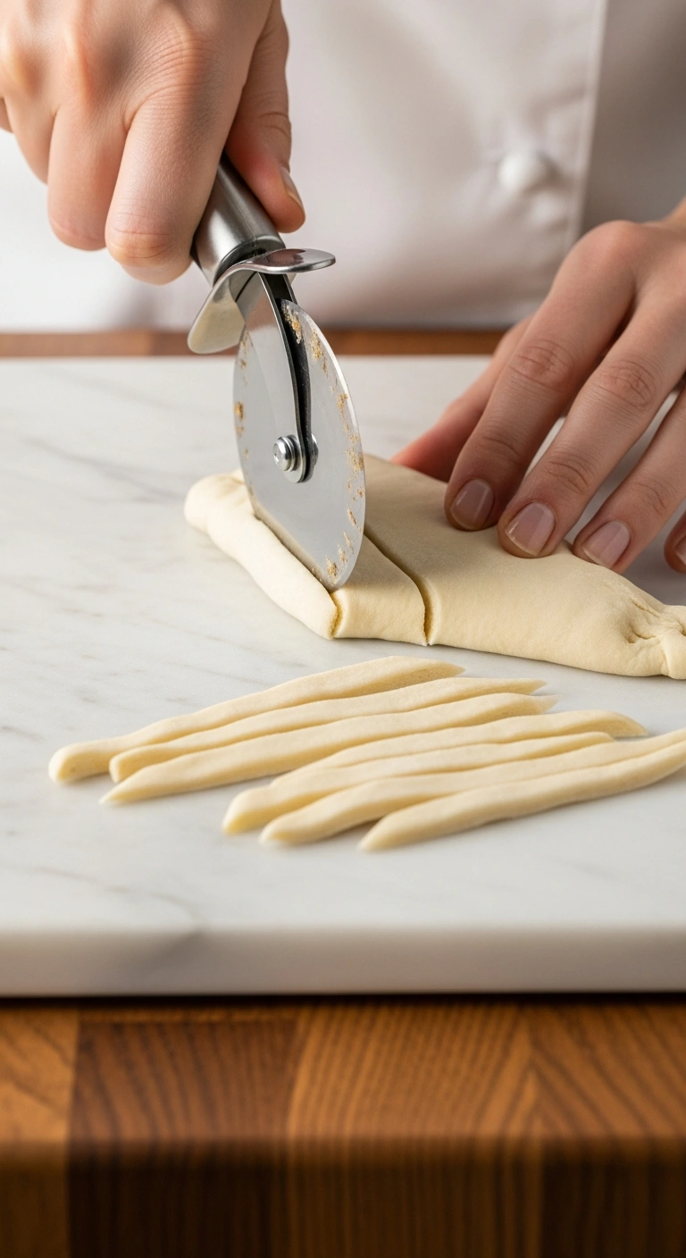 Step 1: Crescent roll dough separated and cut into thin strips
