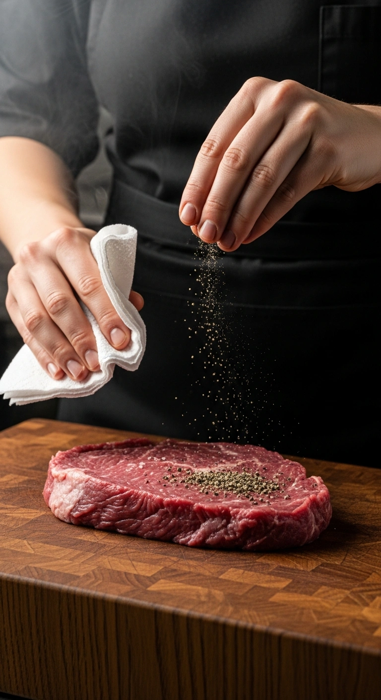 Step 1: Emu steak patted dry and seasoned with salt and pepper