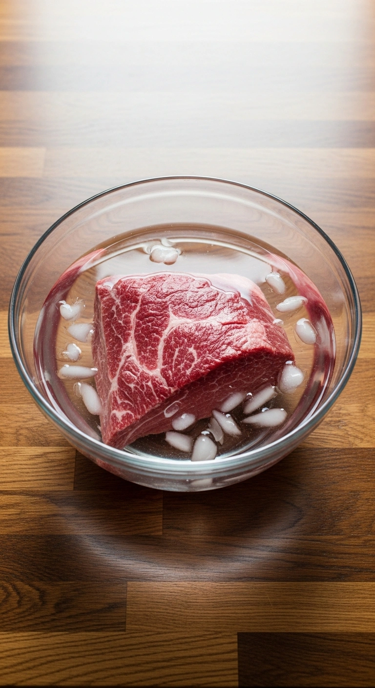 Step 1: Corned beef submerged in cold water for soaking to reduce sodium