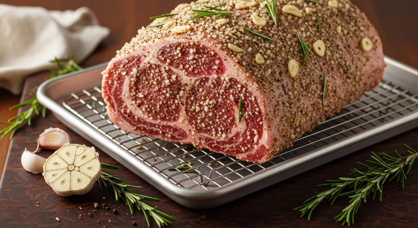 dry aged prime rib roast coated in dry brine seasoning on a wire rack