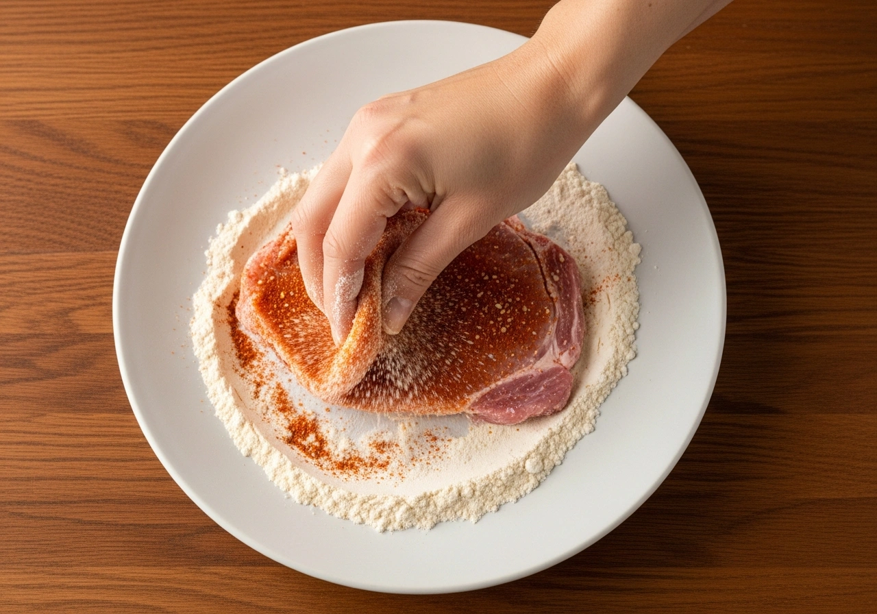 dredging thin cut boneless pork chops in seasoned flour on both sides