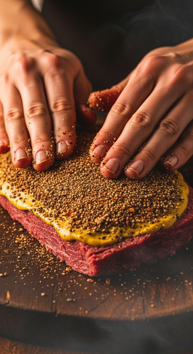 Step 2: Applying mustard binder and black pepper rub to corned beef