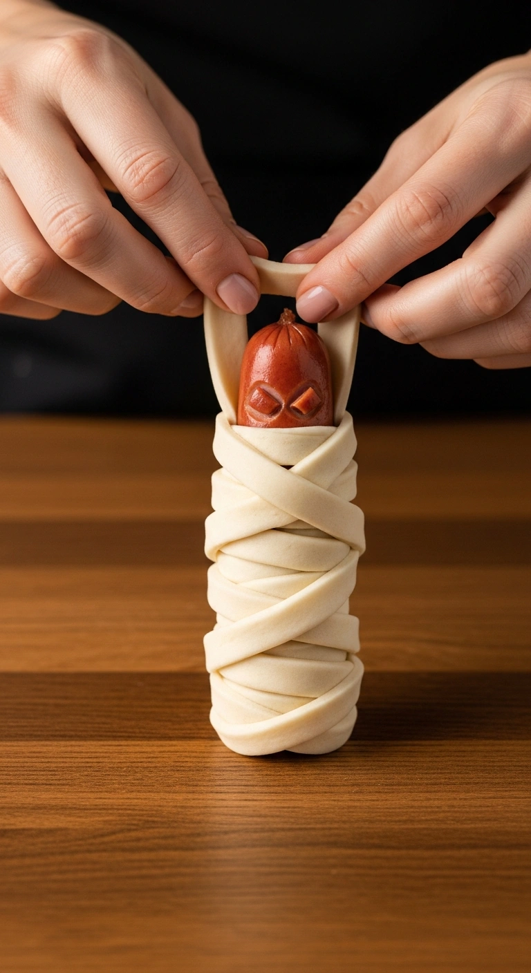 Step 2: Wrapping crescent dough strips around hot dogs mummy-style