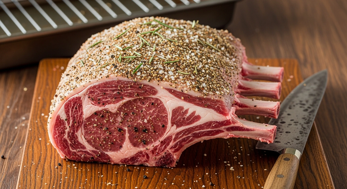 prime rib roast at room temperature rubbed with butter ready for the oven