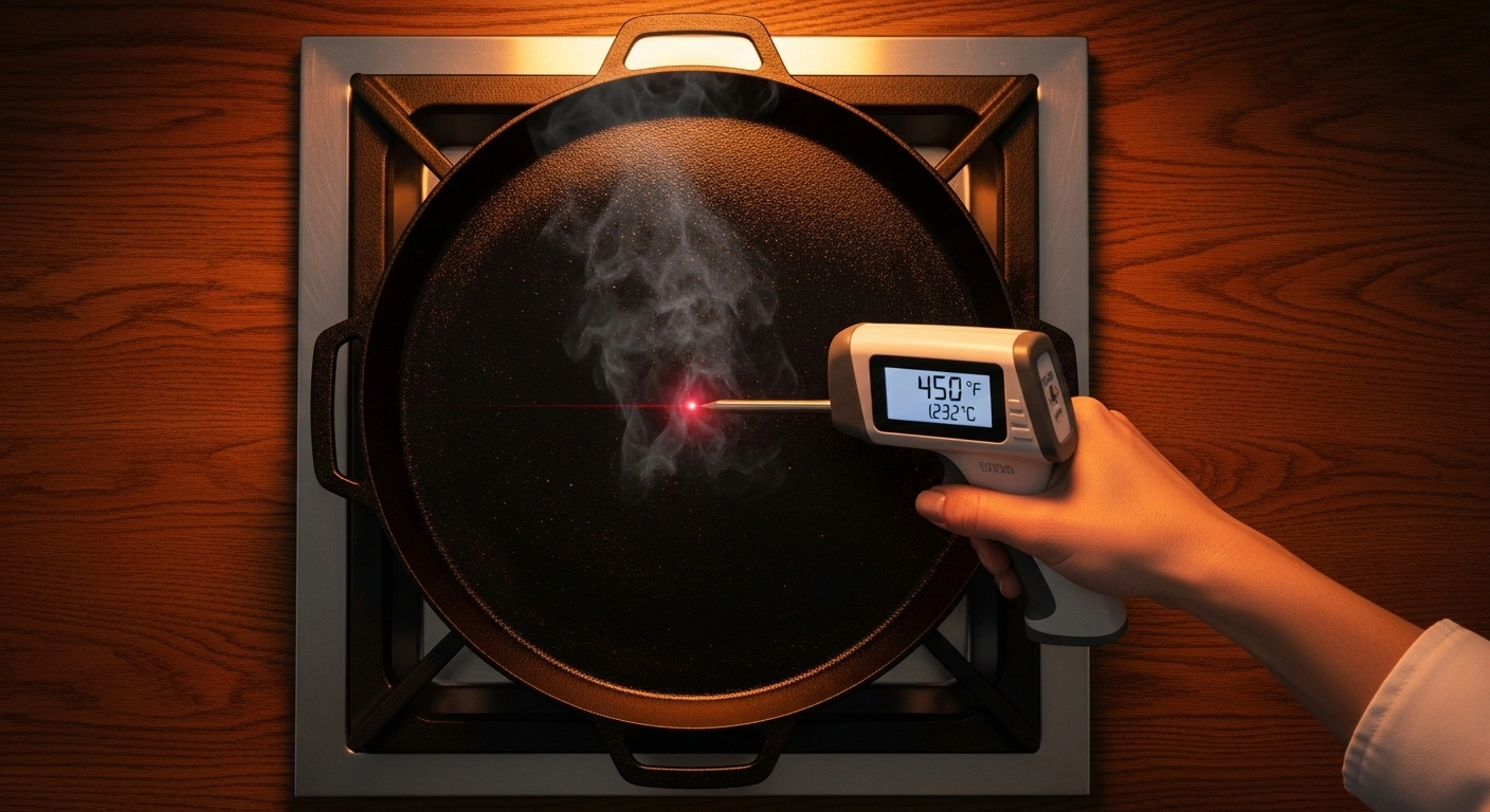 cast iron skillet preheated to smoking heat for grass-fed smash burgers