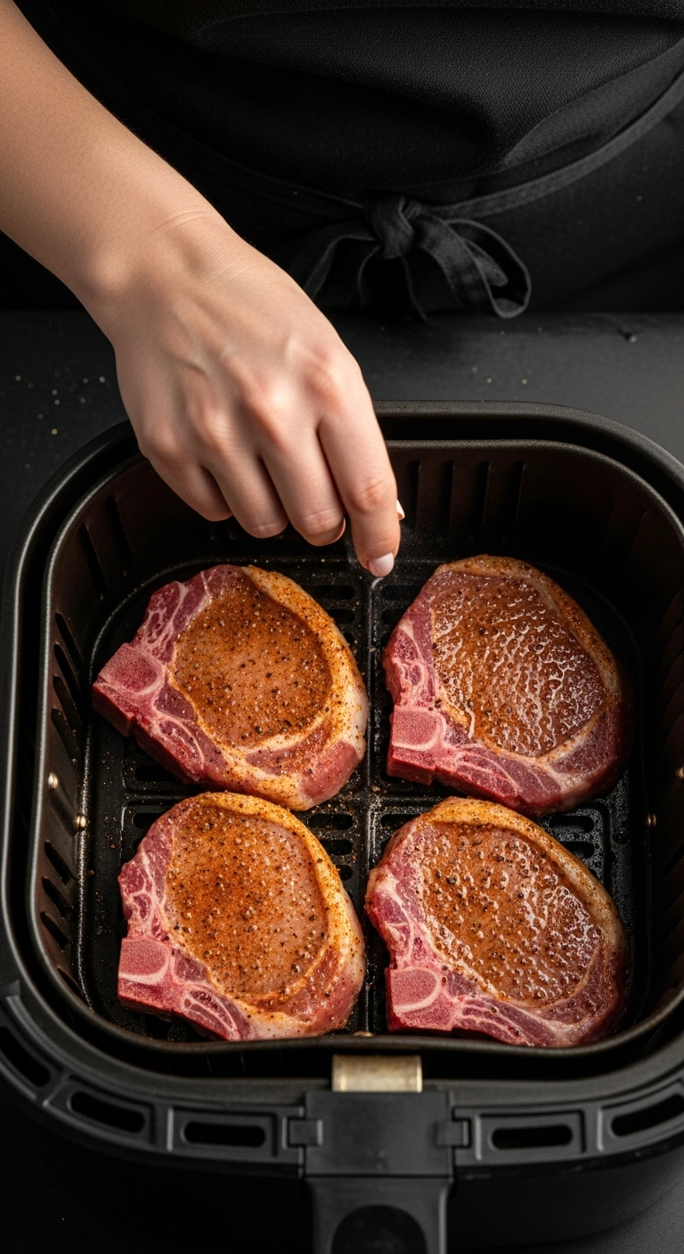 boneless pork chops arranged in a single layer in the preheated air fryer basket