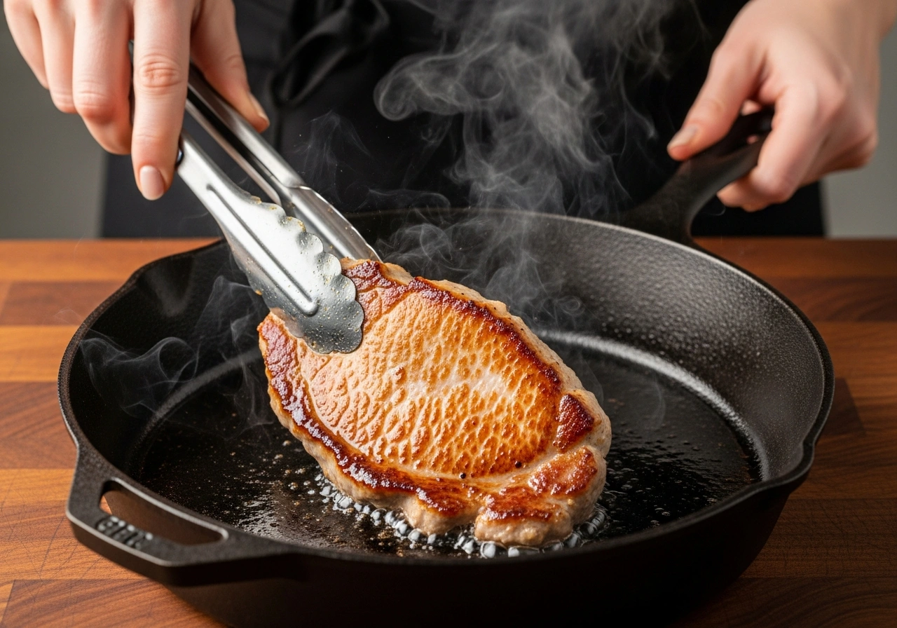 thin cut pork chops searing in a hot cast iron skillet with golden brown crust forming