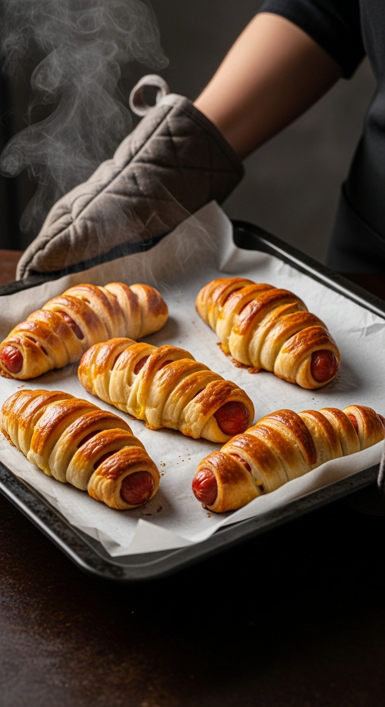 Step 3: Mummy hot dogs baking on a parchment-lined sheet in the oven