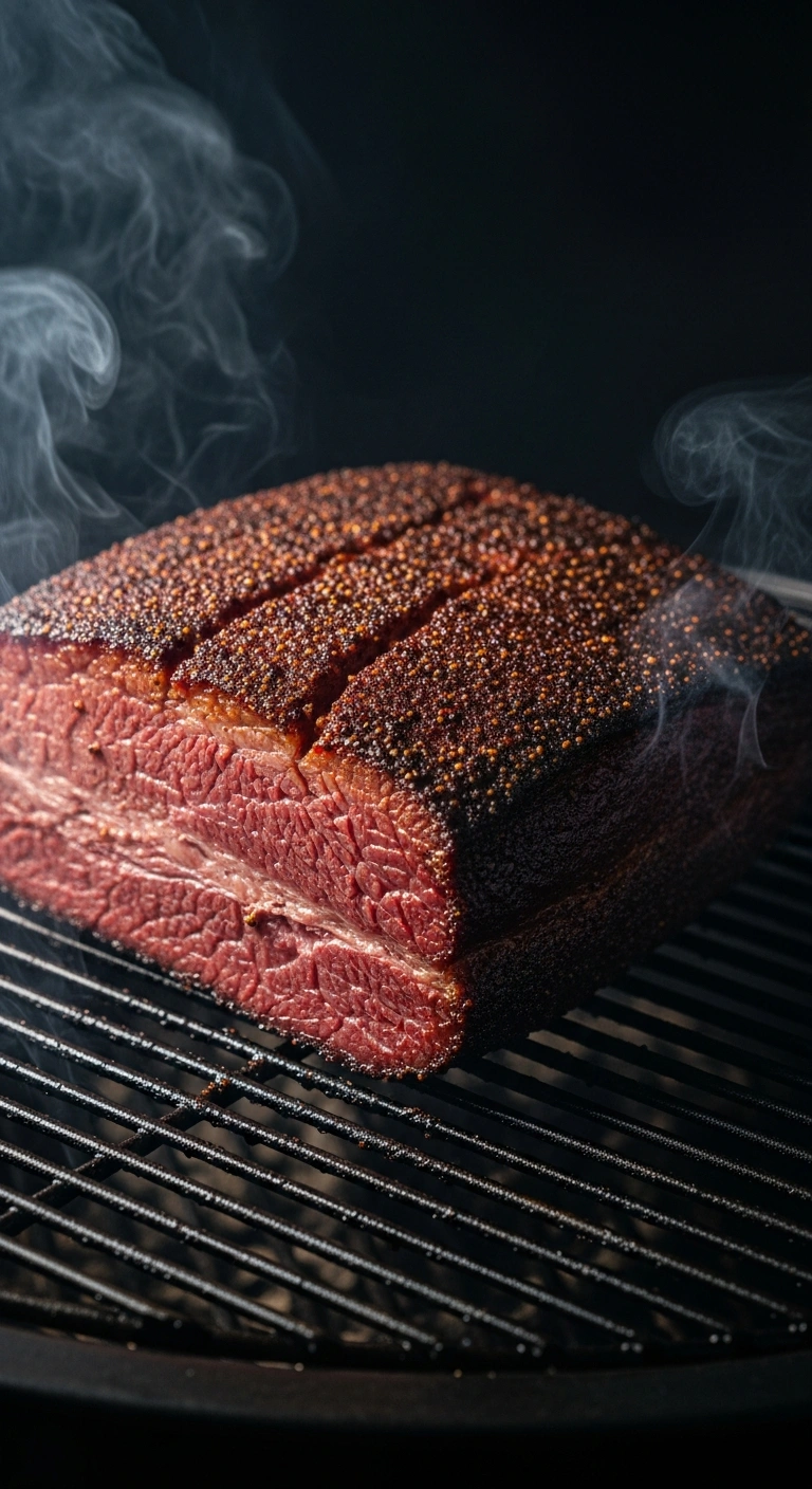 Step 3: Corned beef smoking at 225°F developing dark bark on the grate