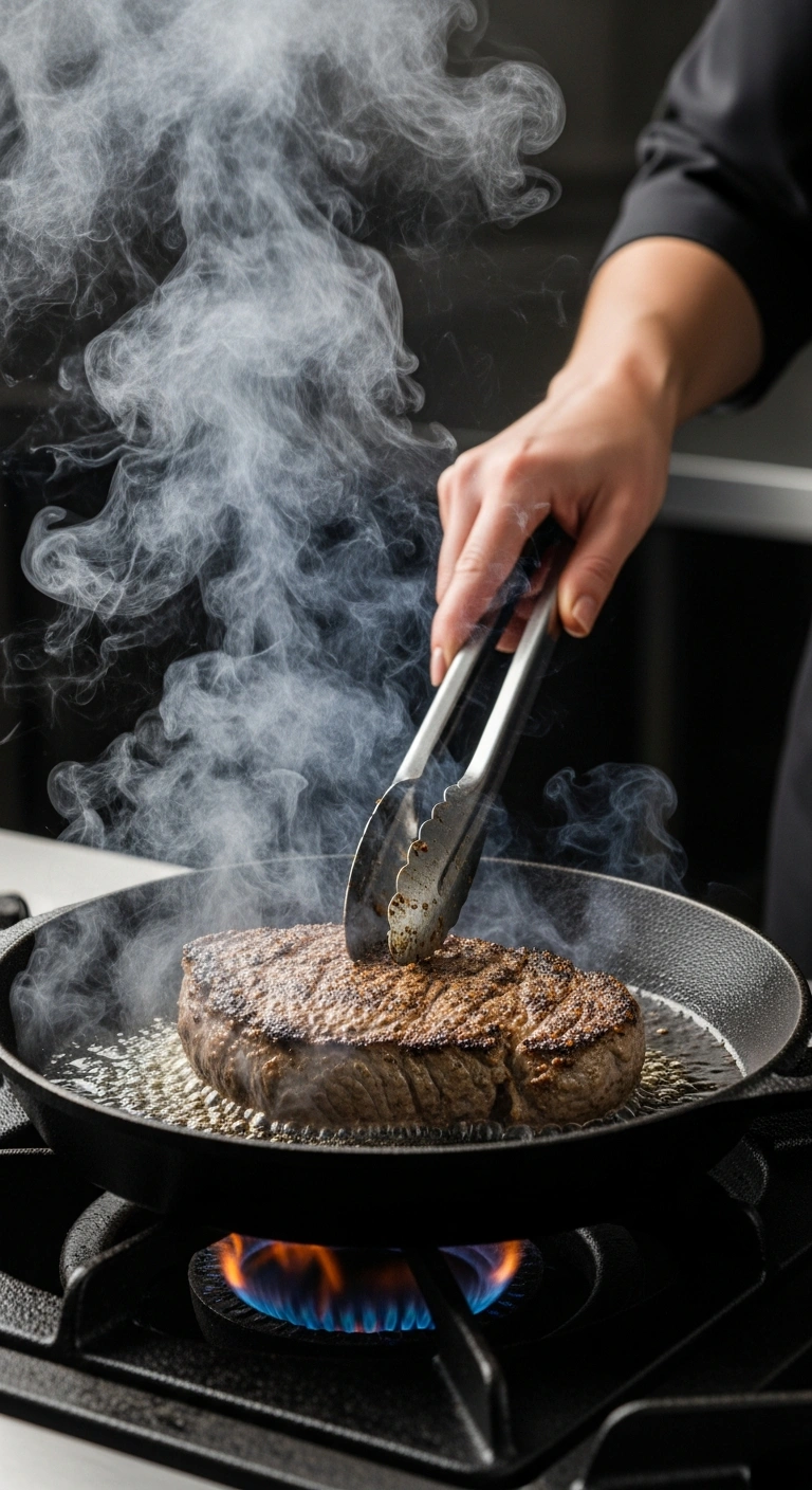 Step 3: Emu steak searing in cast iron with a deep brown crust forming
