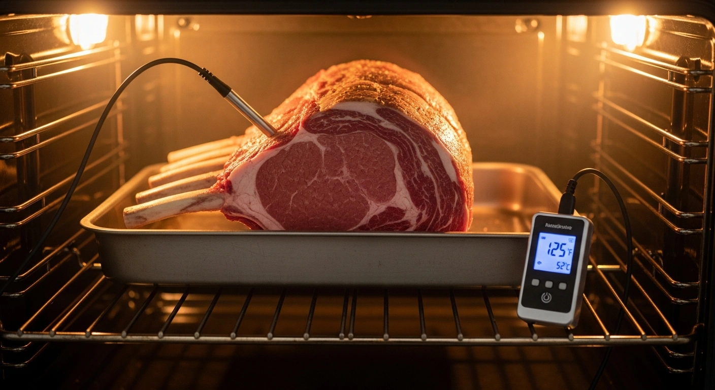 standing rib roast in the oven with thermometer inserted during low and slow cook