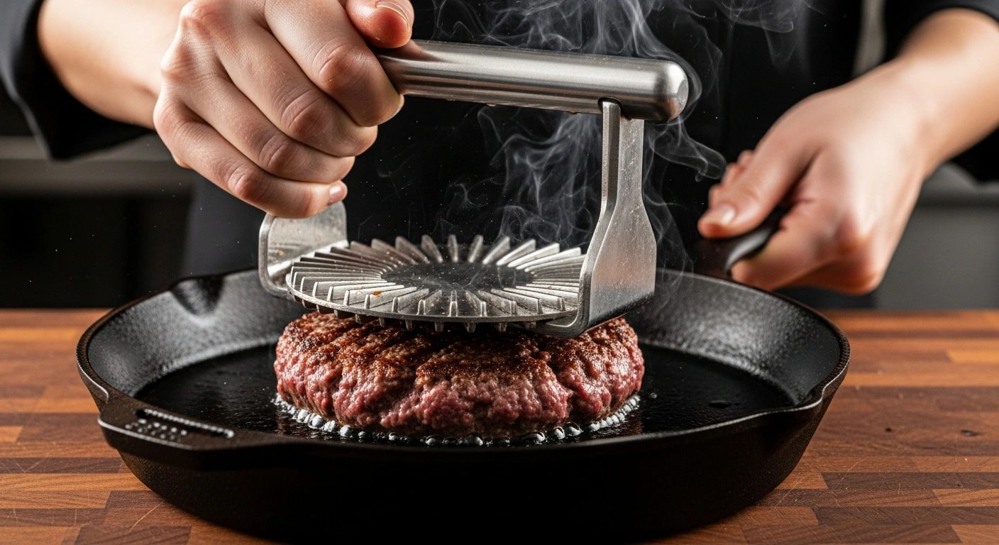 smashing grass-fed ground beef ball flat on a hot cast iron surface