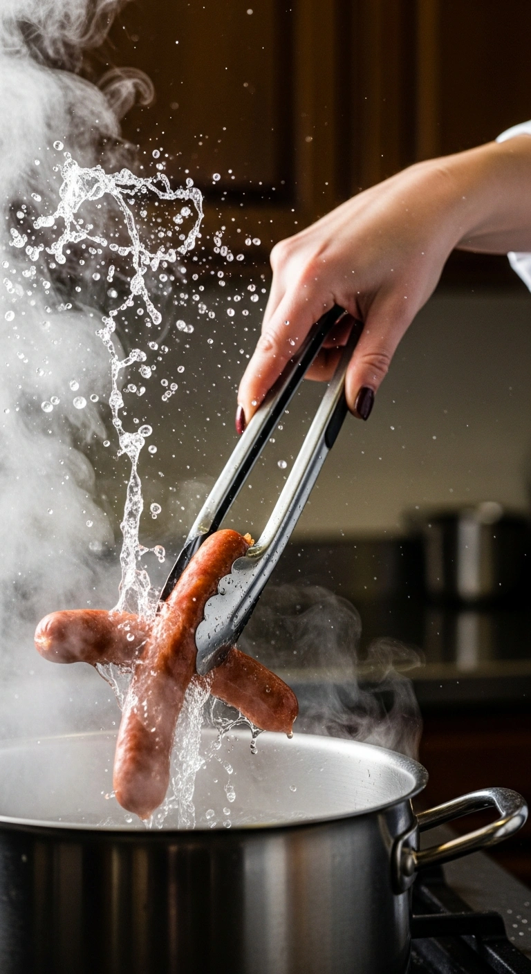 Step 3: Adding hot dogs to boiling water and reducing to simmer