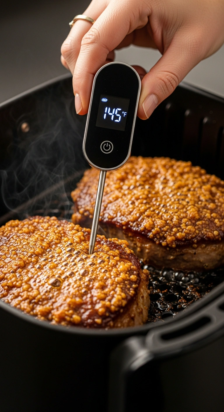 flipping pork chops in air fryer and checking internal temperature with instant read thermometer