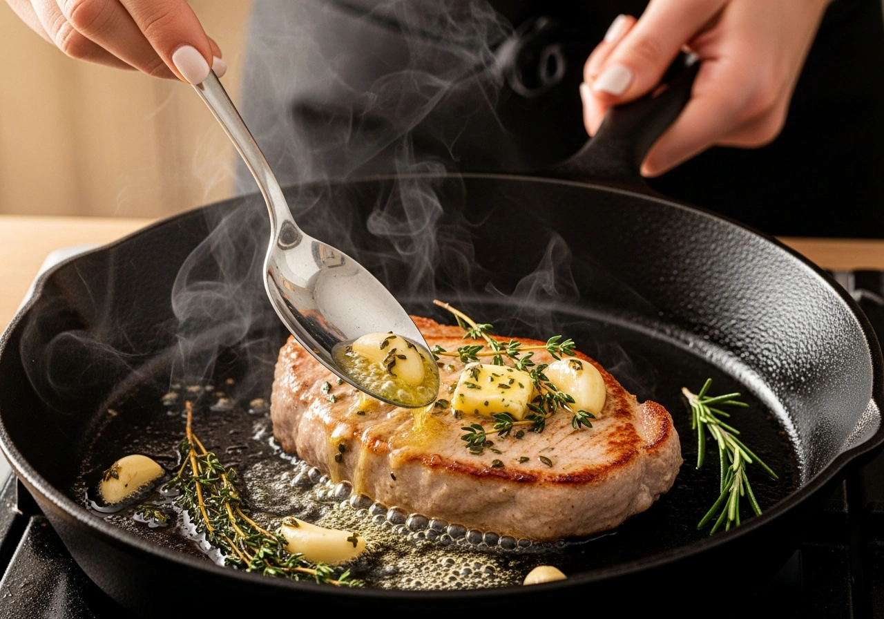 spooning garlic butter over thin cut pork chops in cast iron skillet during basting