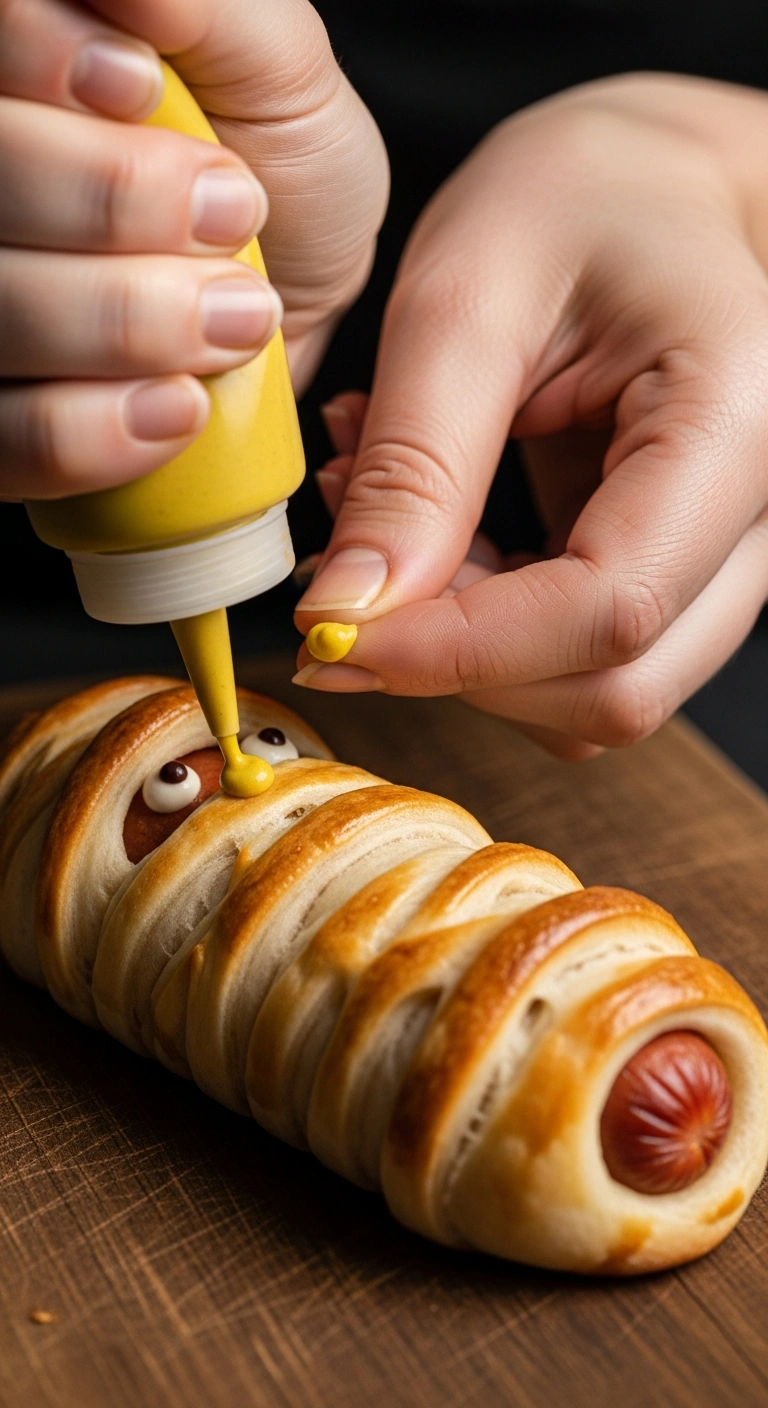 Step 4: Adding mustard dot eyes to mummy hot dogs fresh from the oven