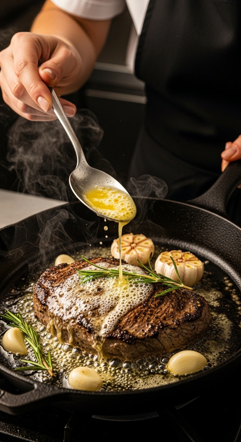 Step 4: Basting emu steak with butter, garlic, and rosemary