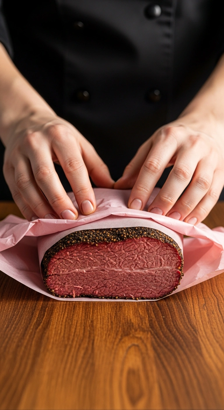 Step 4: Wrapping smoked corned beef in butcher paper at 165°F