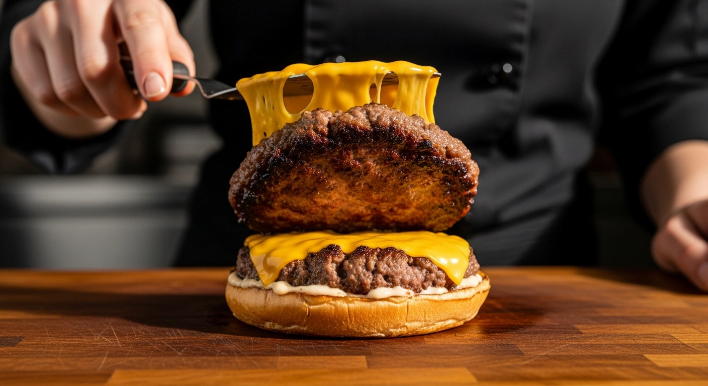 flipped grass-fed smash burger with American cheese melting on top