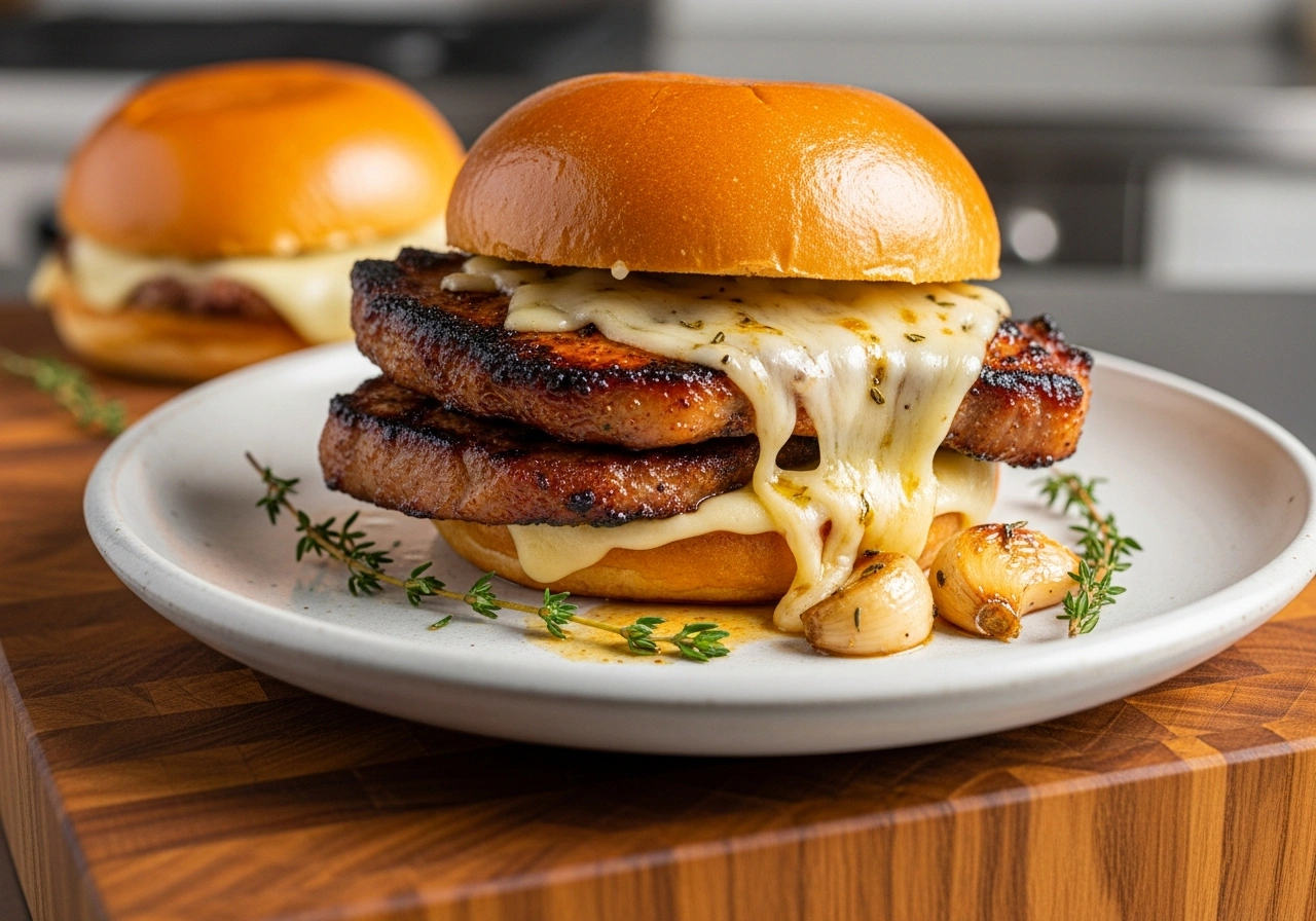 thin cut pork chops resting before serving plated with mashed potatoes and fresh herbs
