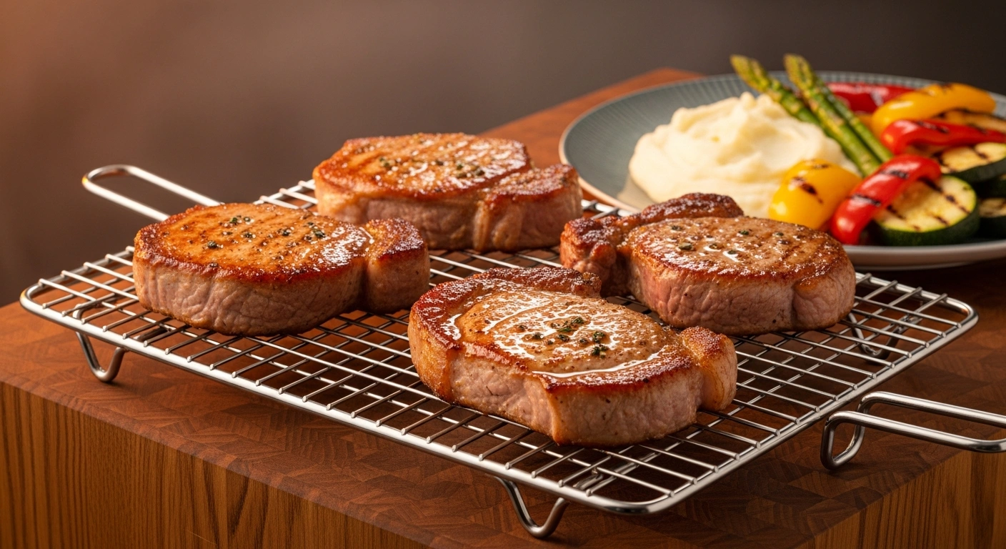 air fryer pork chops resting on a wire rack before plating with mashed potatoes