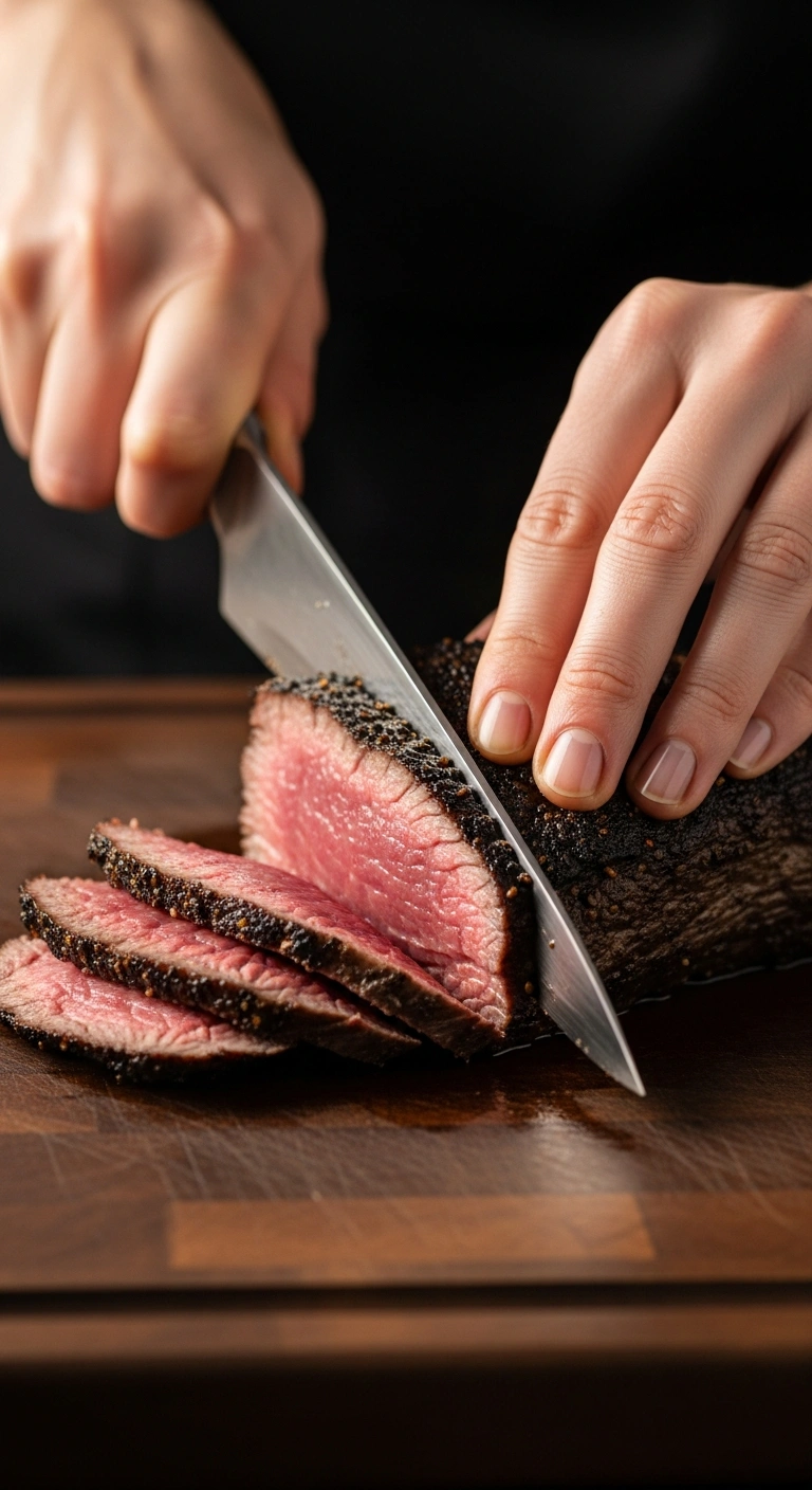 Step 5: Rested and sliced emu steak showing medium-rare interior